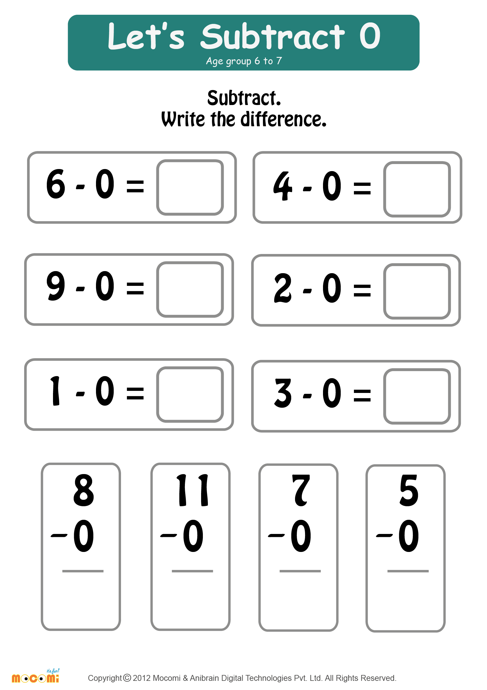 Subtract Zero Worksheet - Math for Kids  Mocomi Within Subtracting Across Zero Worksheet