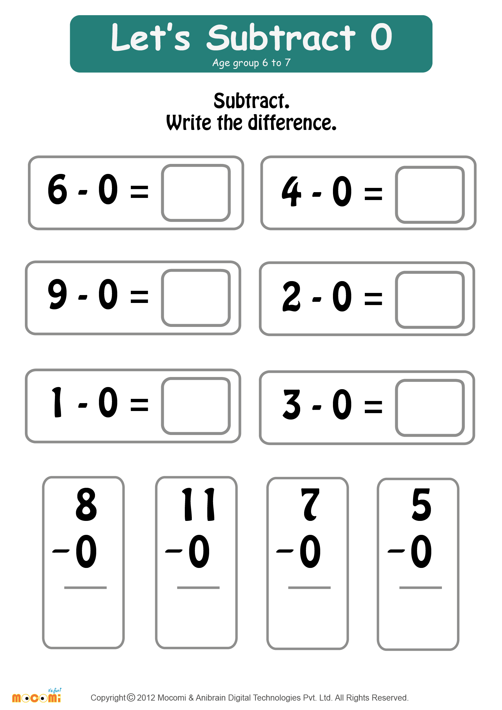 subtract zero worksheet math for kids mocomi