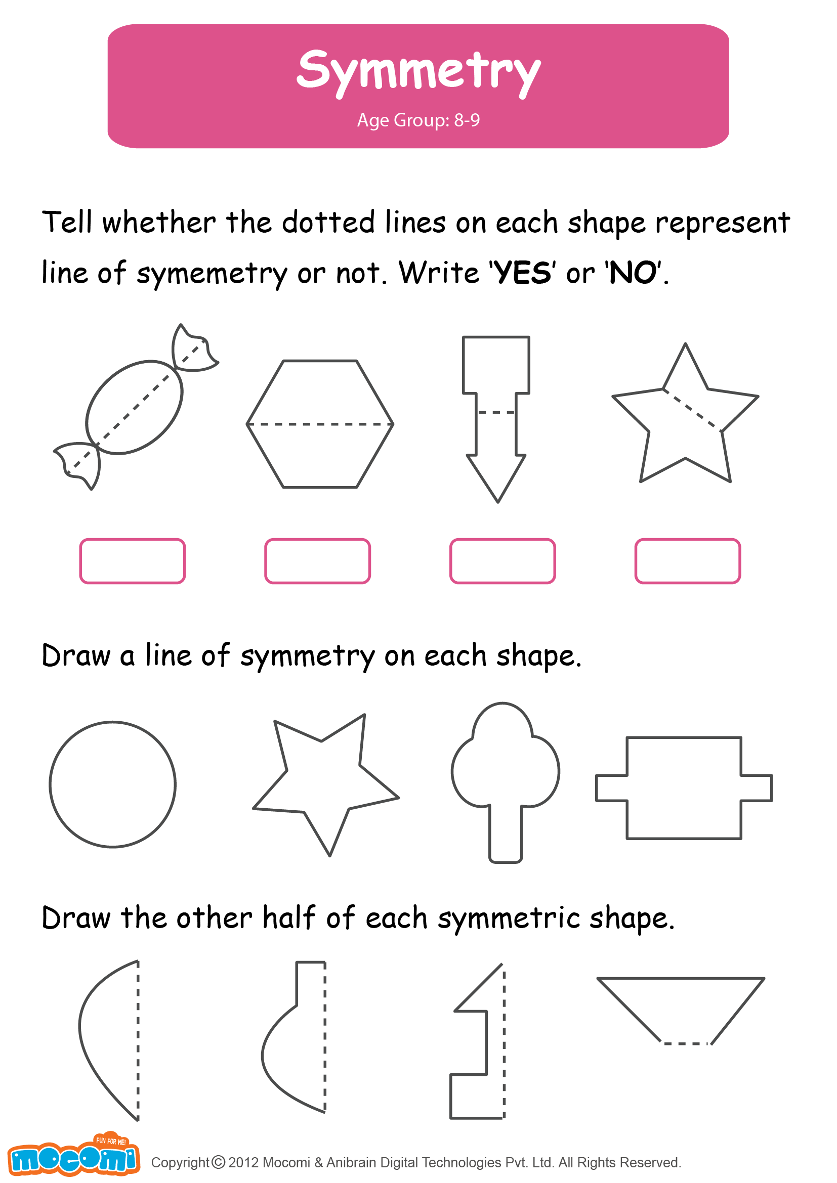 Symmetry Worksheet (for Kids)  Mocomi Inside Line Of Symmetry Worksheet